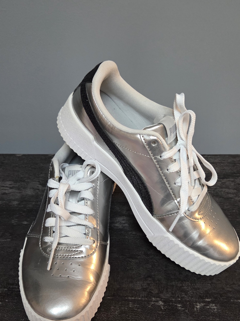Puma Women's Metallic Silver Low-Top Sneakers with Black Formstrip